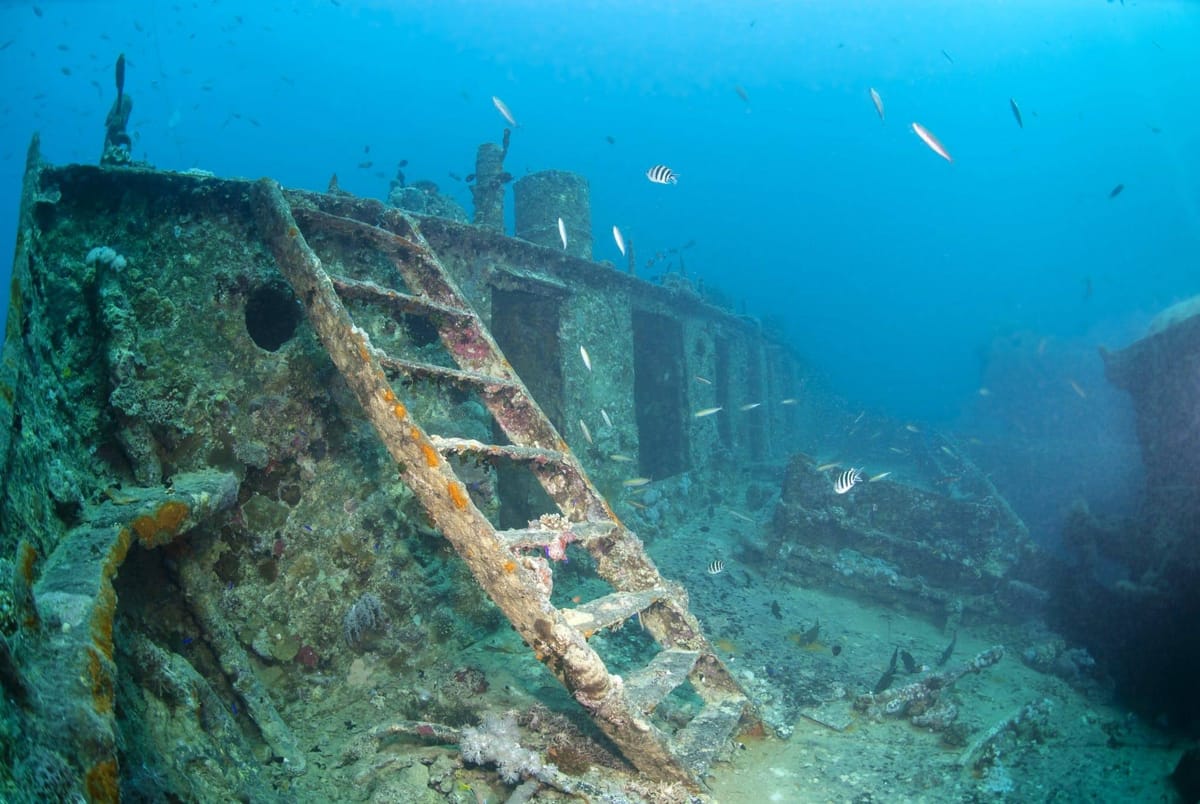 Underwater view of the SS Yongala wreck with marine life