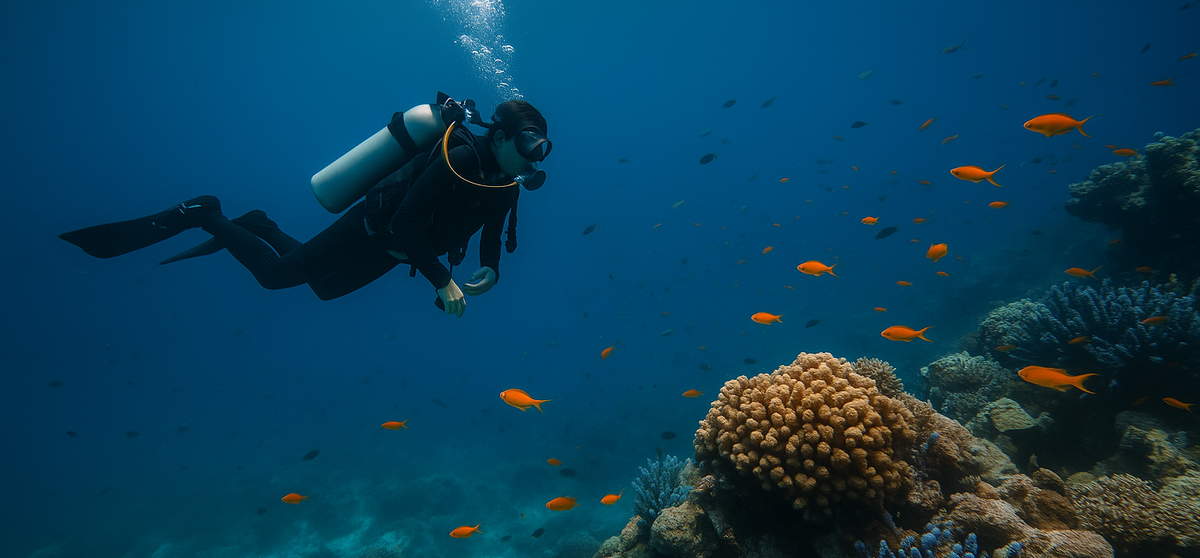 Scuba diver in black wetsuit exploring a coral reef surrounded by small orange fish under clear blue water