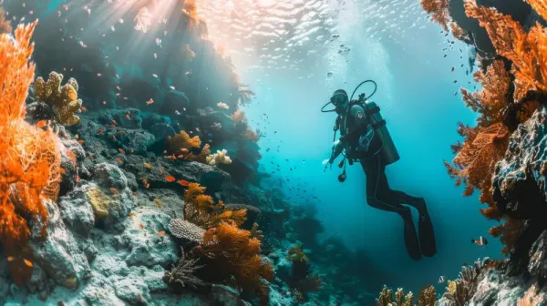 Underwater view of Maaya Thila with whitetip reef sharks and corals.